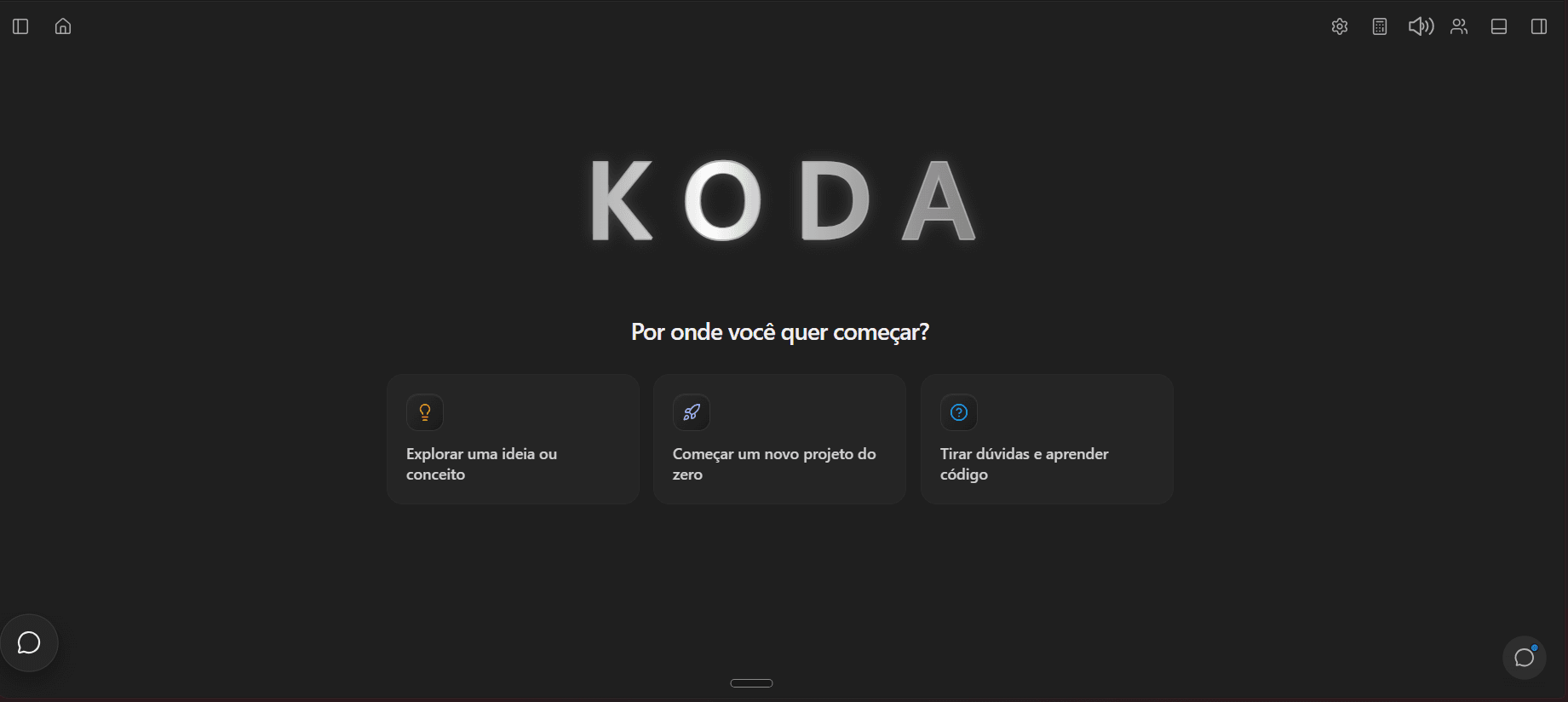 Tela inicial do KODA Web com opções para explorar uma ideia, começar um projeto ou aprender código
